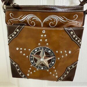 Two tone brown cross body purse with silver tone mirrored star, and studs